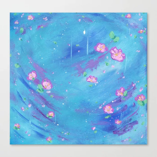 a painting of a blue and pink flower canvas print called cosmic flowers