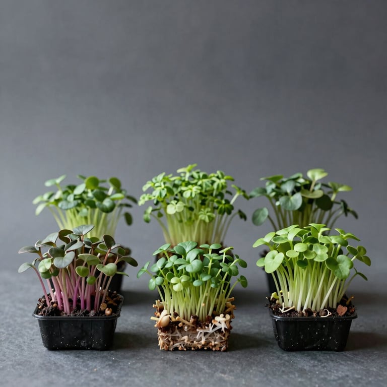 A minimalist arrangement of various microgreen varieties showcasing different textures and shades of green.
