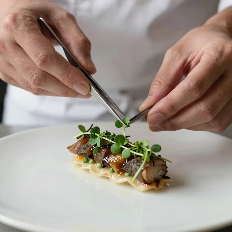 A chef's hands using tweezers to precisely place a single micro-herb on a sophisticated culinary creation.