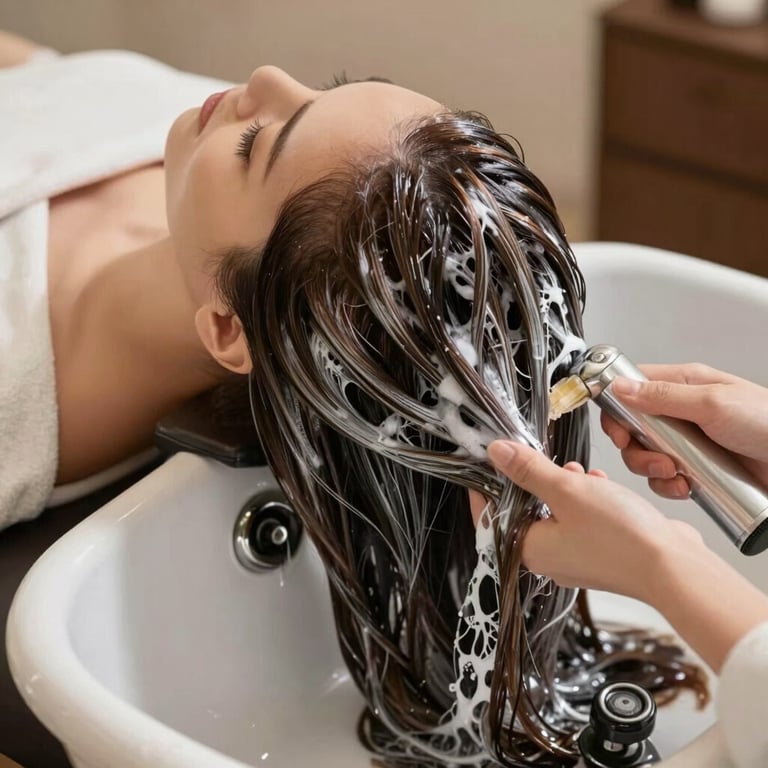 A woman applying a luxury hair treatment in a high-end spa setting, featuring deep bronze and silver textures, North American / Western European.