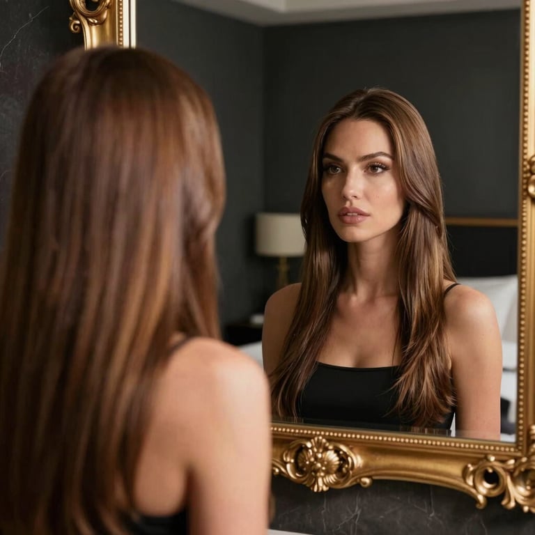 Lifestyle image of a woman with shiny, healthy hair looking into an ornate gold mirror in a modern, dark-themed luxury suite, North American / Western European.
