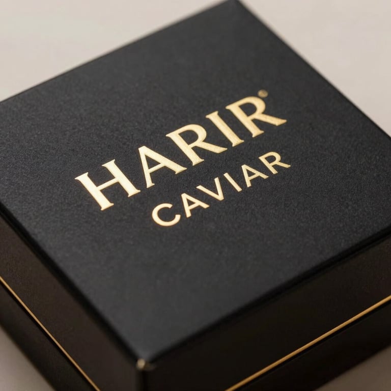 Detailed shot of the HARIR Caviar product packaging, featuring a sophisticated matte black box with elegant gold leaf typography.