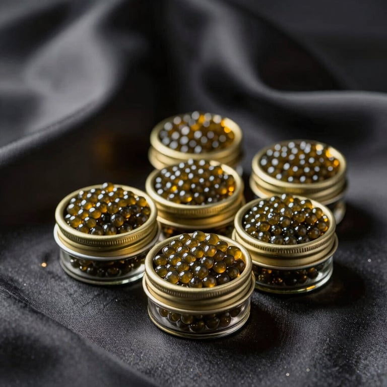 Aesthetic shot of several caviar vials arranged on a bed of dark silk fabric with soft golden backlighting.