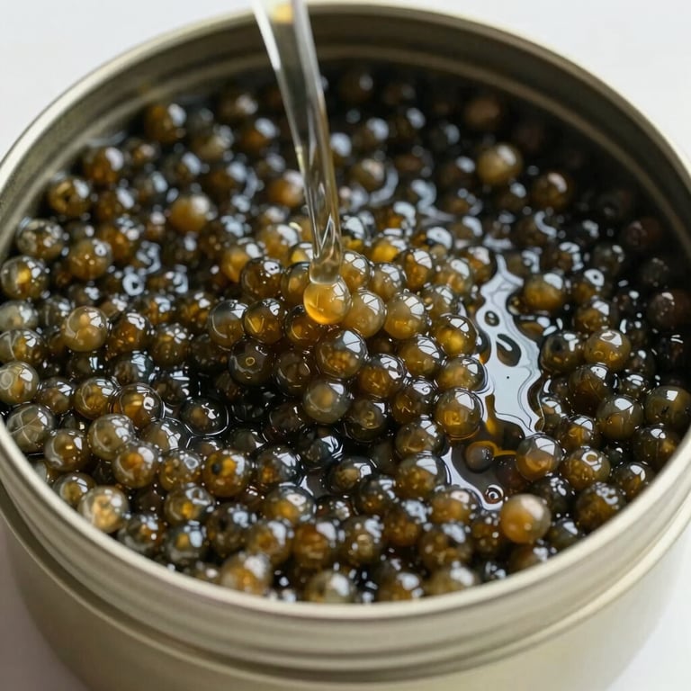 Close-up of the mixing process of the caviar mask, showing a rich and iridescent texture inside a designer bowl.