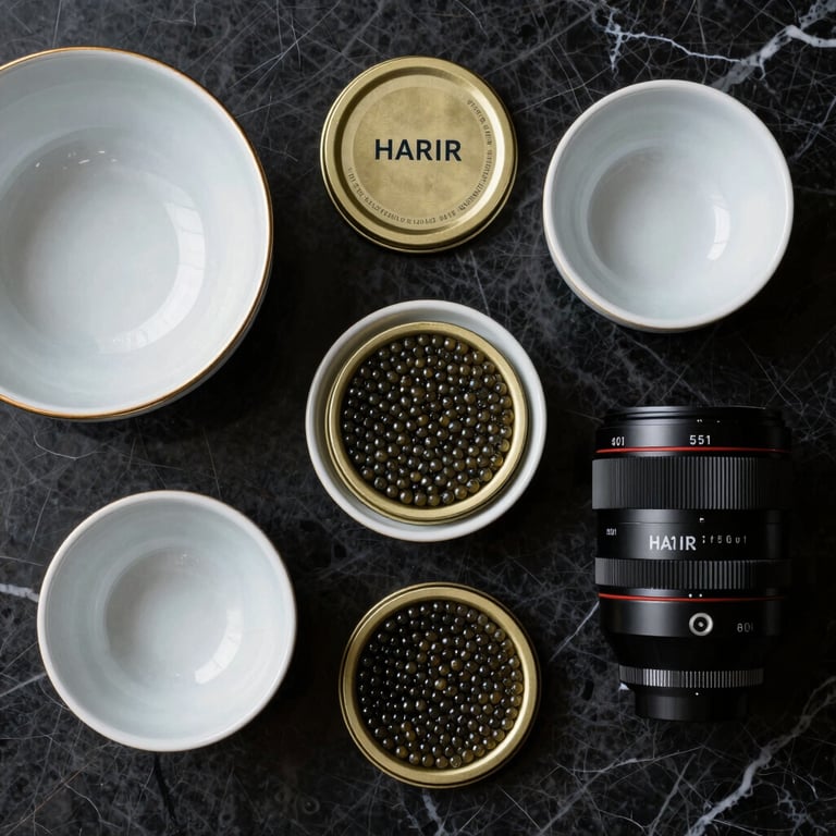 A premium flat lay of the HARIR Caviar Kit featuring a black marble background with gold-rimmed ceramic mixing bowls and sleek accessories.
