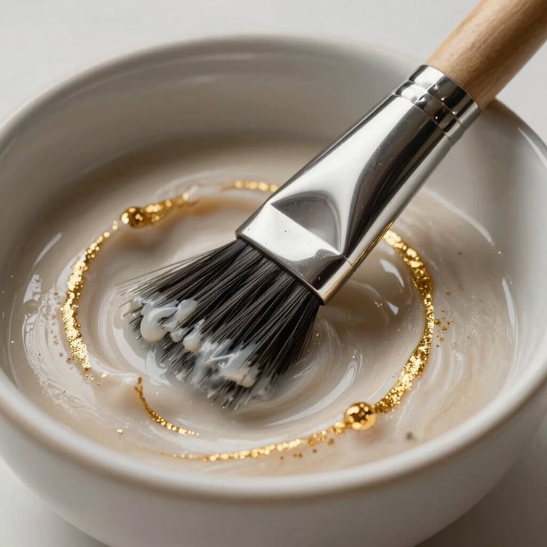 A luxurious shot of a silver application brush resting on a ceramic bowl filled with a shimmering hair mask formula, gold accents.
