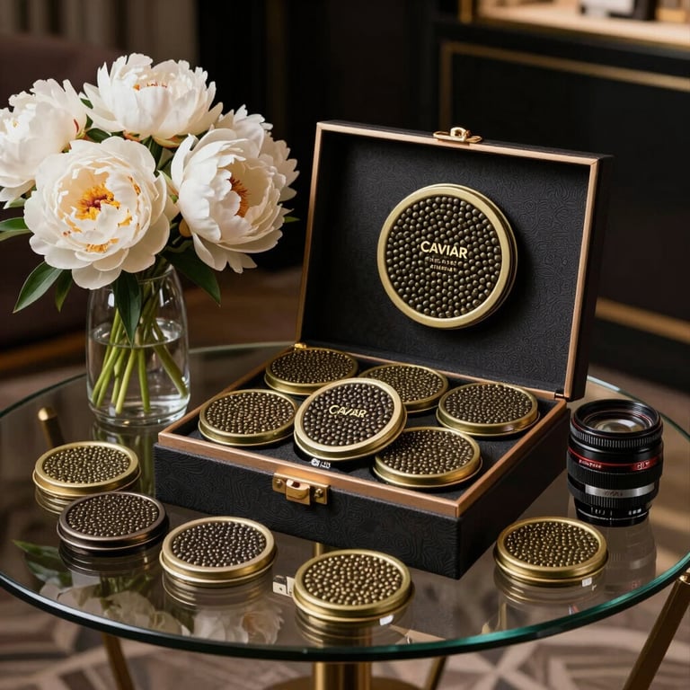 An Instagrammable display of the complete Caviar Kit and accessories on a glass table next to white peonies, dark luxury interior.