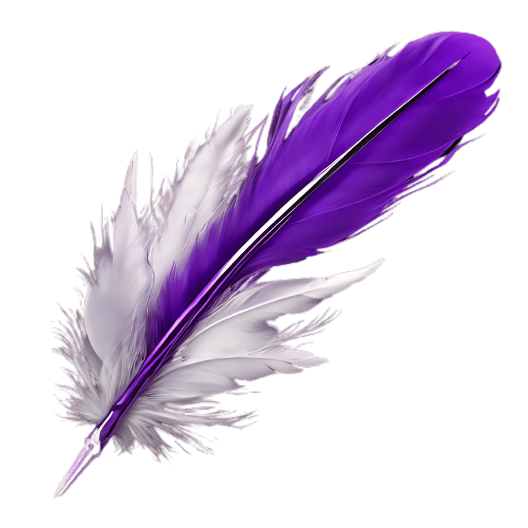 Elegant purple and white feather quill pen against a solid black background.