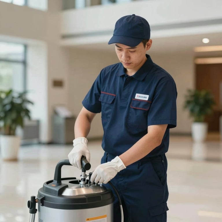 A professional cleaning technician in a navy blue uniform using premium equipment in a lobby.