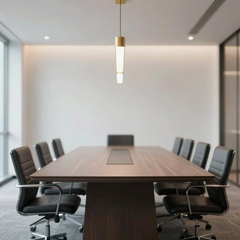 A minimalist corporate boardroom with a long polished table and modern gold light fixtures.