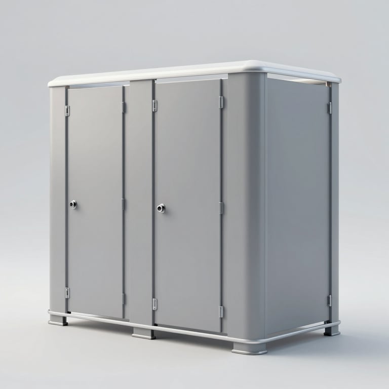 A sleek, modern portable washroom unit for film sets, impeccably clean and well-lit.