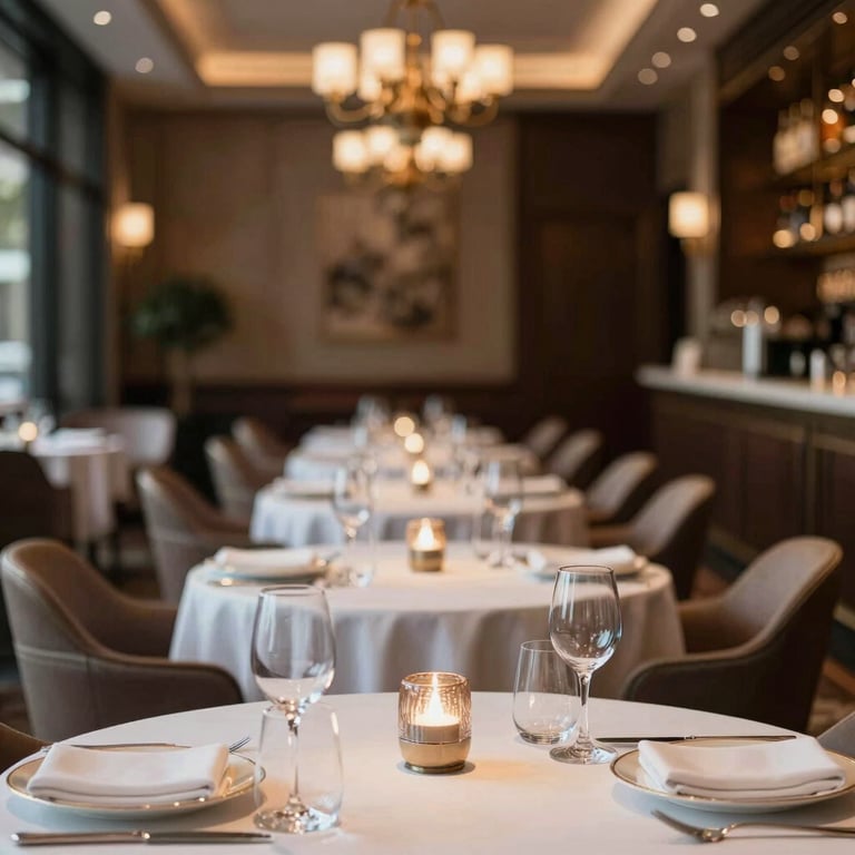 A luxury restaurant dining room with perfectly aligned tables and gleaming glassware.