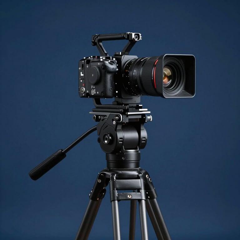 A high-end cinematic camera on a tripod inside a perfectly clean studio, dramatic lighting, navy blue tones.