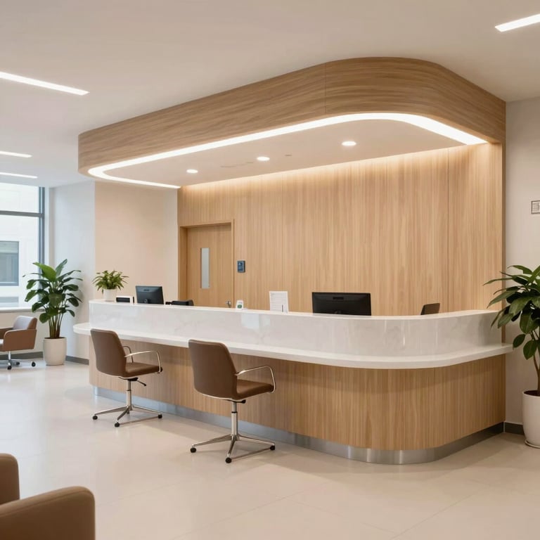 A wide shot of a contemporary healthcare facility reception area that looks trustworthy and innovative, featuring soft lighting.