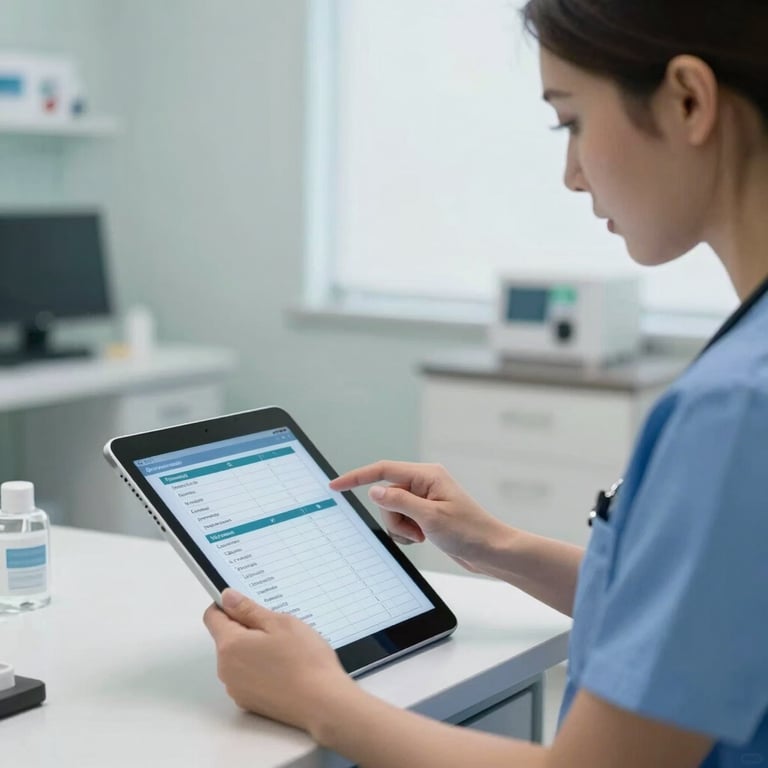 A healthcare professional in a clean, modern North American medical office checking a digital patient chart on a sleek tablet.