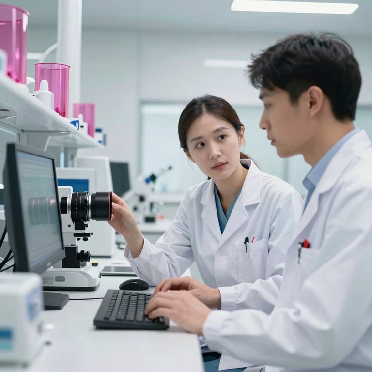 Two medical researchers collaborating in a bright, futuristic laboratory with high-end digital equipment and pink glass accents.