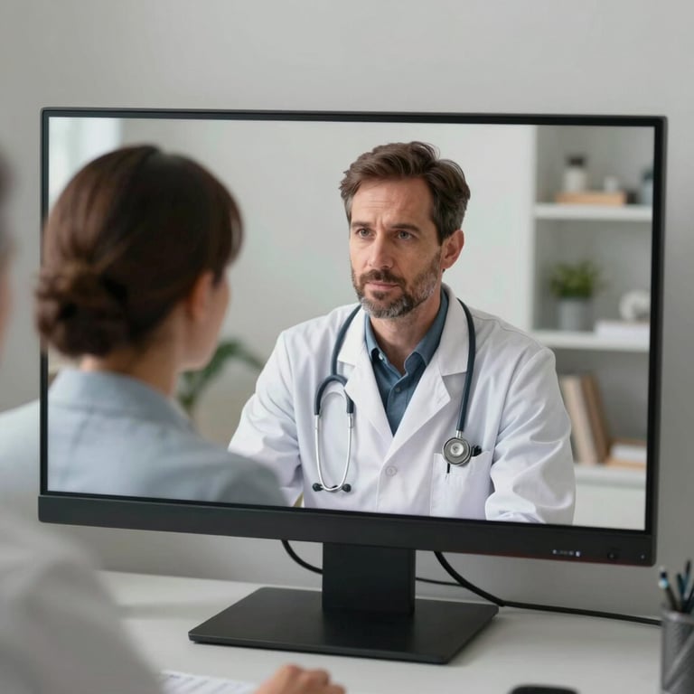 An empathetic telehealth consultation shown on a high-definition monitor, with a physician providing care remotely.