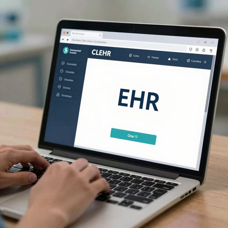 A close-up of a secure, encrypted EHR interface being used on a modern laptop in a professional hospital setting.