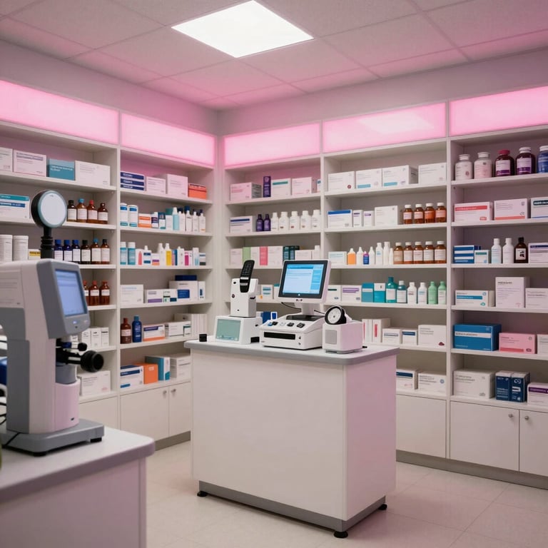 Interior of a sophisticated, high-tech US pharmacy with dusty pink lighting accents and organized medical technology.