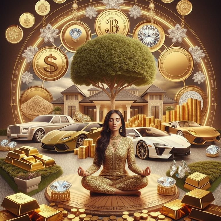 a woman sitting in a lotusion with a tree in the background