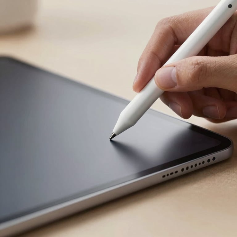 Detailed macro photography of a digital stylus interacting with a sleek Android tablet in a well-lit, professional design studio.