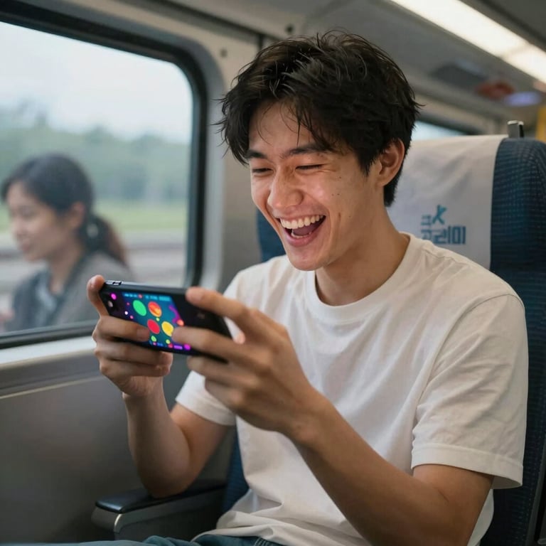 A candid photography shot of a person laughing while playing a vibrant mobile game on their phone inside a North American commuter train.