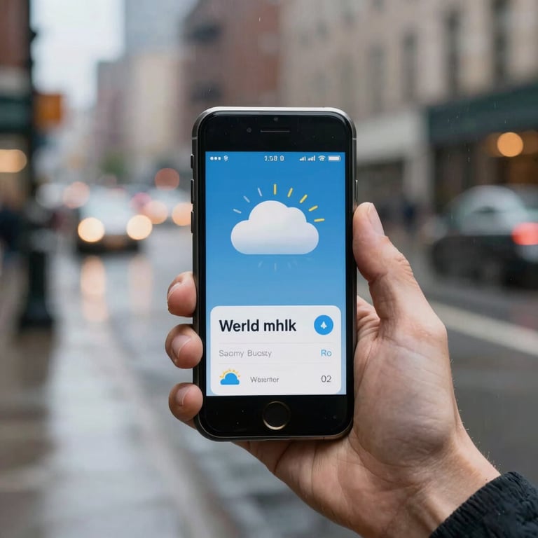 Close-up photography of a hand holding a smartphone showing a useful weather app against the backdrop of a soft, rainy US city street.