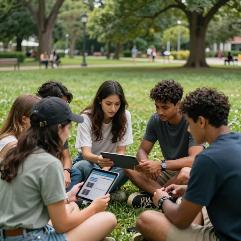 A group of diverse friends sitting together in a lush green North American park, focused on a tablet showing a mobile app.