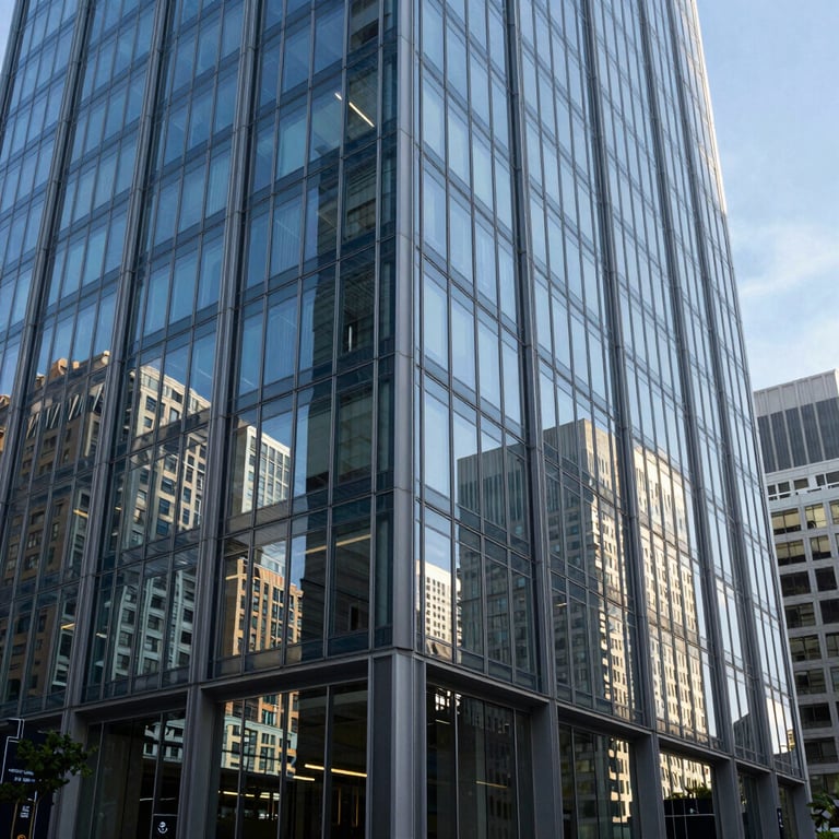 A modern, clean office building exterior with glass walls reflecting a blue sky in a bustling North American metropolitan area.