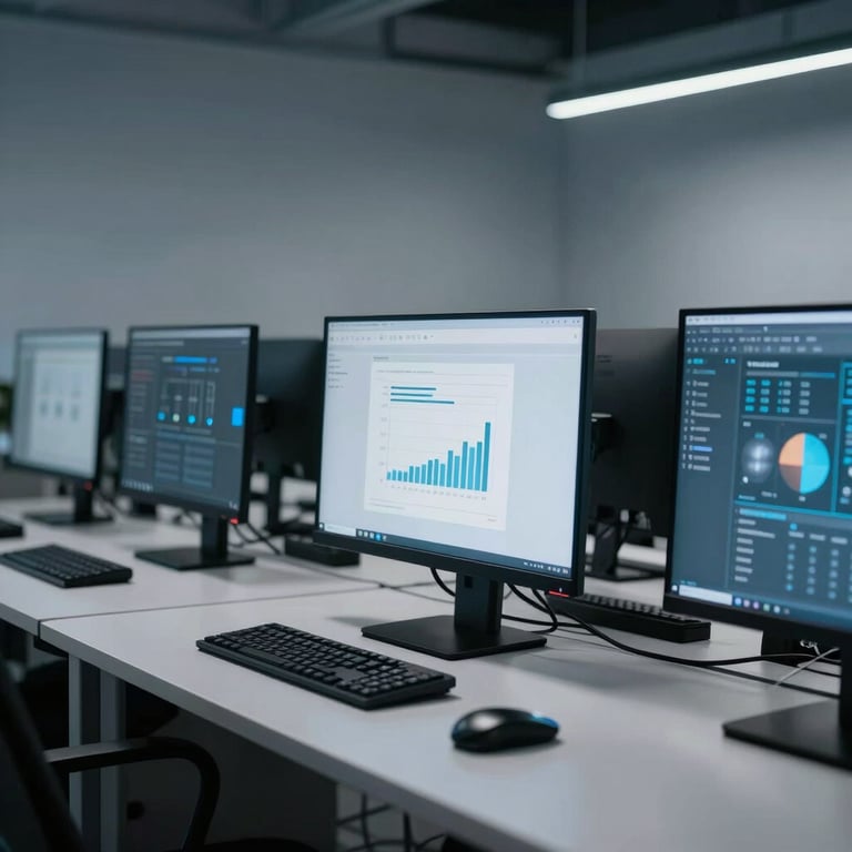 Interior photography of a modern tech workspace with soft blue-grey ambient lighting and high-end computer monitors.