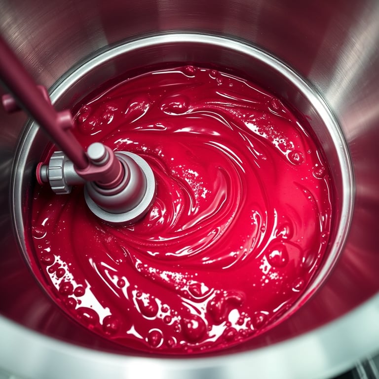 Industrial mixer blending vibrant red berry liquid paint in a stainless steel vat for manufacturing.
