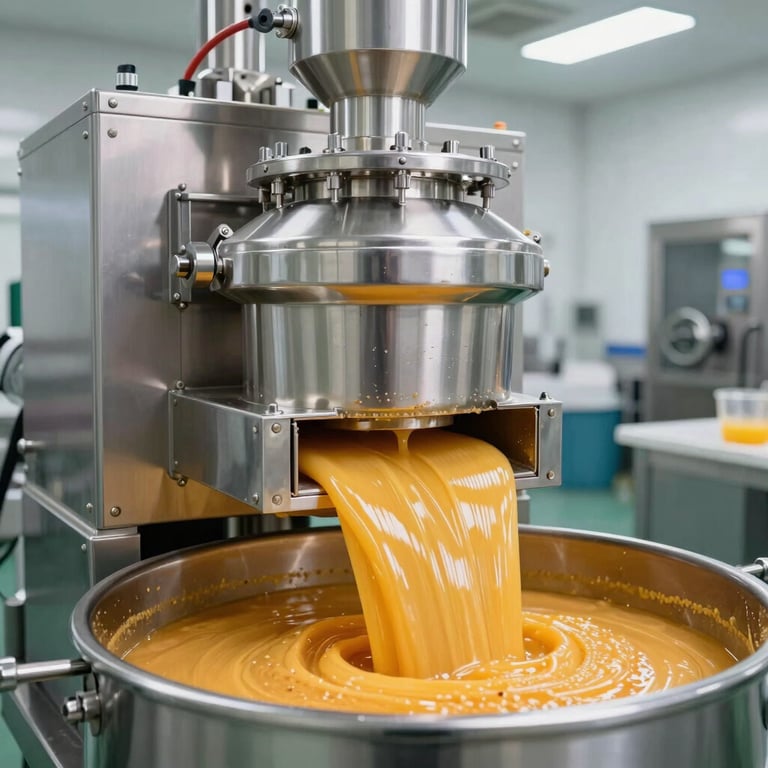Industrial stainless steel food processing machine pouring orange sauce into a large mixing bowl.