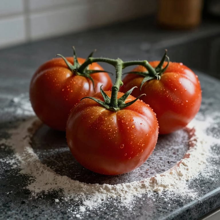 Macro shot of fresh heirloom tomatoes on a flour-dusted kitchen counter, soft natural side lighting, moody Scandinavian aesthetic.