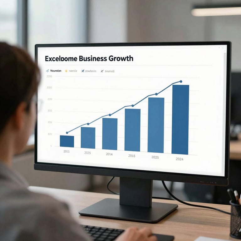 An over-the-shoulder shot showing a strategic business growth chart on a large, high-resolution monitor in a professional office setting.