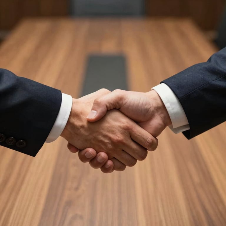 Detail shot of two hands in formal suits shaking over a wooden boardroom table, symbolizing a successful partnership agreement.