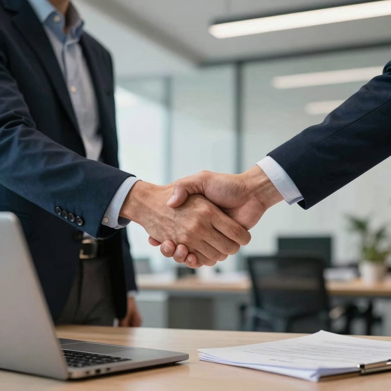 Handshake between a contractor and a client in a modern office, signifying a successful deal.