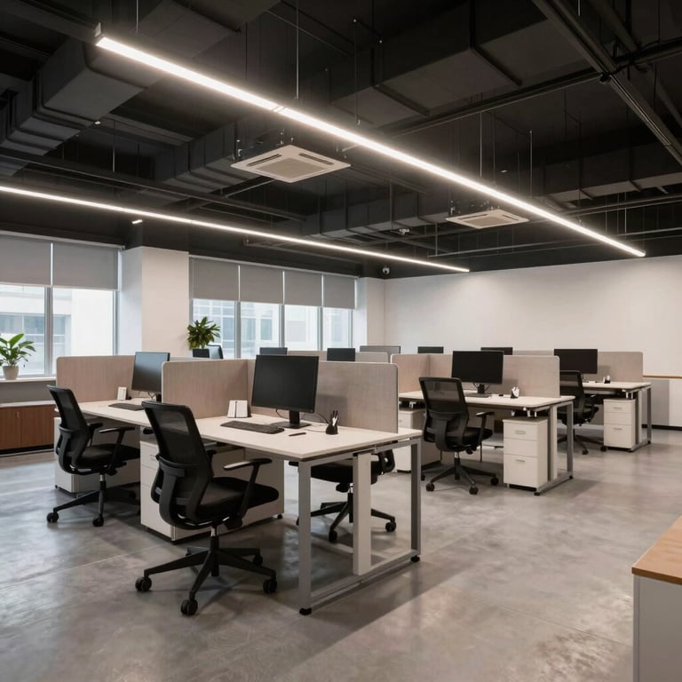 Renovated open-plan office with modern lighting and ergonomic furniture, professional atmosphere.