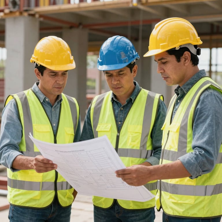 Team of engineers in safety vests and helmets reviewing blueprints at a construction site, Latin American / Hispanic context.