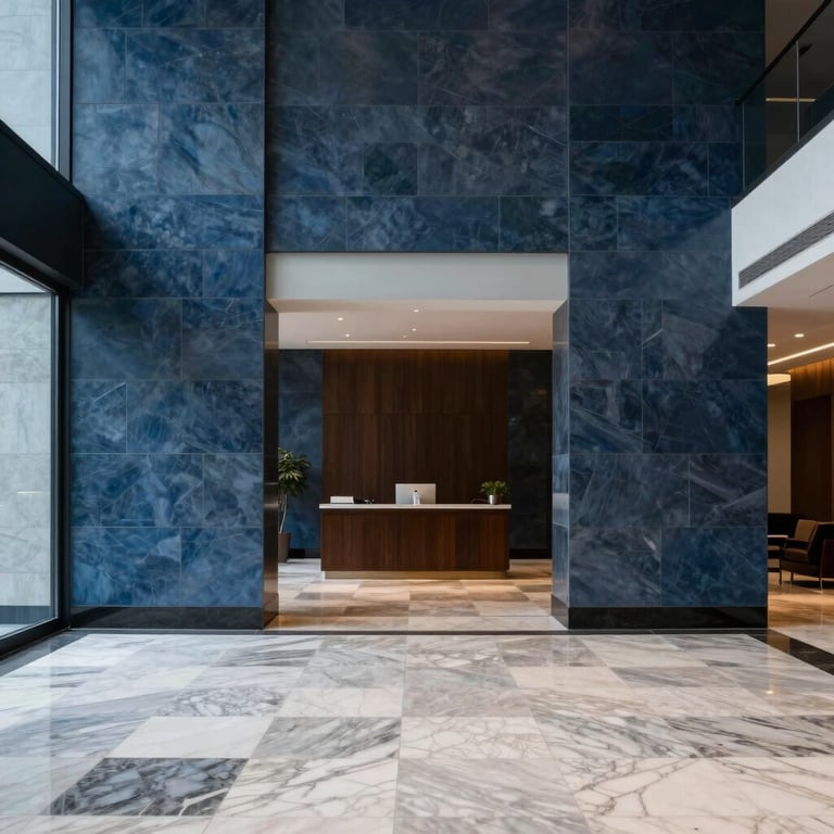 Finished corporate lobby with marble floors and dark slate blue wall details.
