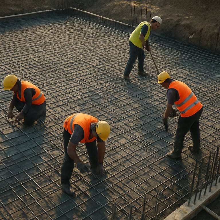 High-angle view of a construction crew working on a new foundation, precise and organized.