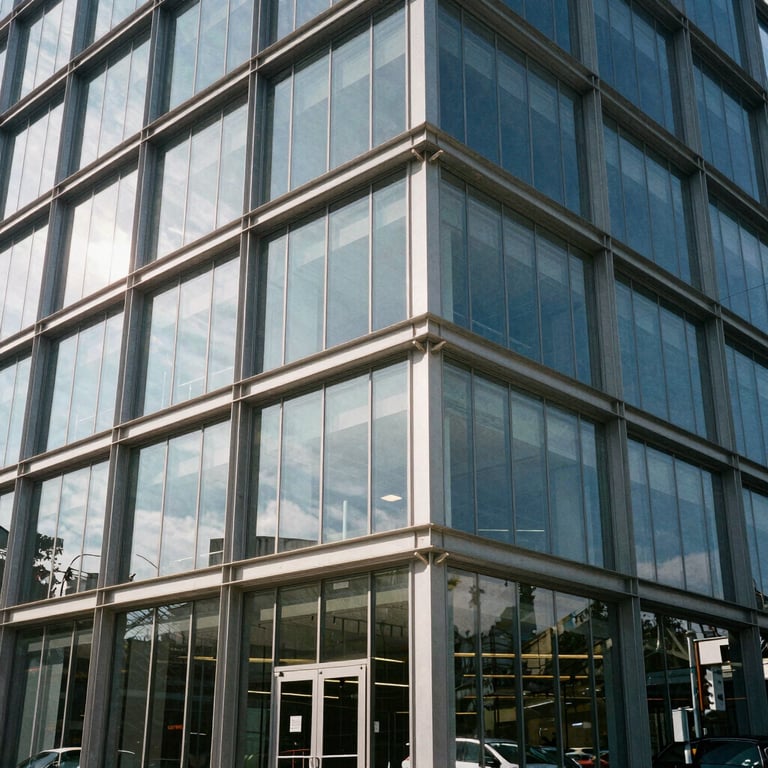 Exterior of a modern commercial building with glass facade and steel structures, daylight.