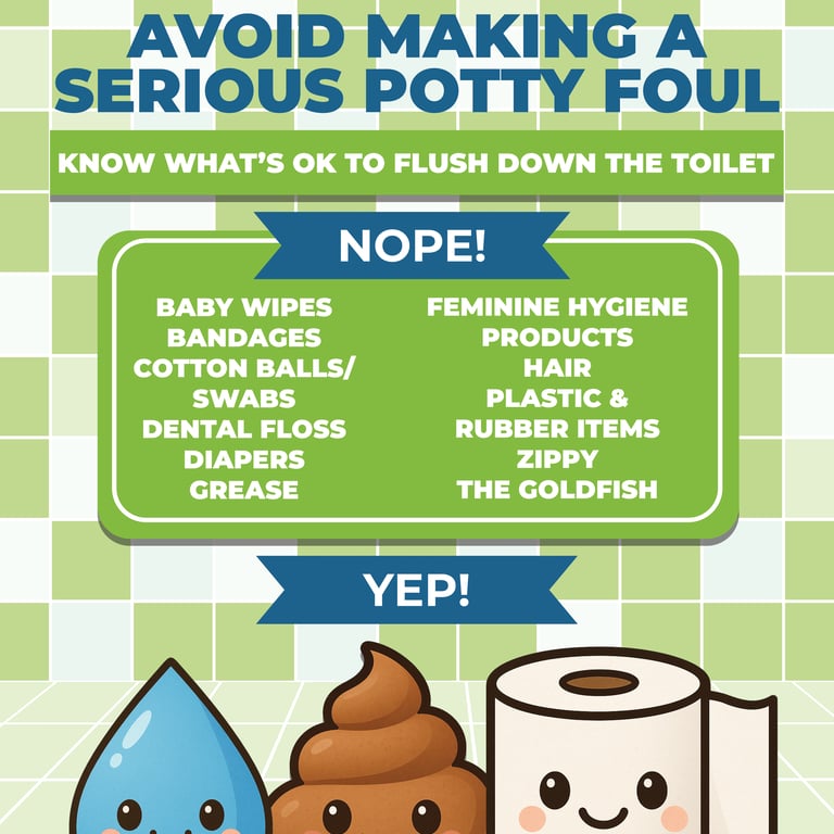 Educational Public Works poster explaining which items should not be flushed to protect wastewater systems.