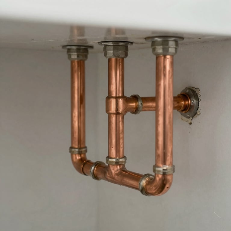 A detailed shot of copper plumbing lines being expertly installed during a bathroom demolition phase in a California residence.