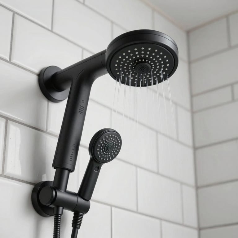Photography of a high-end matte black rain shower head being installed against clean white subway tiles with dark gray grout.