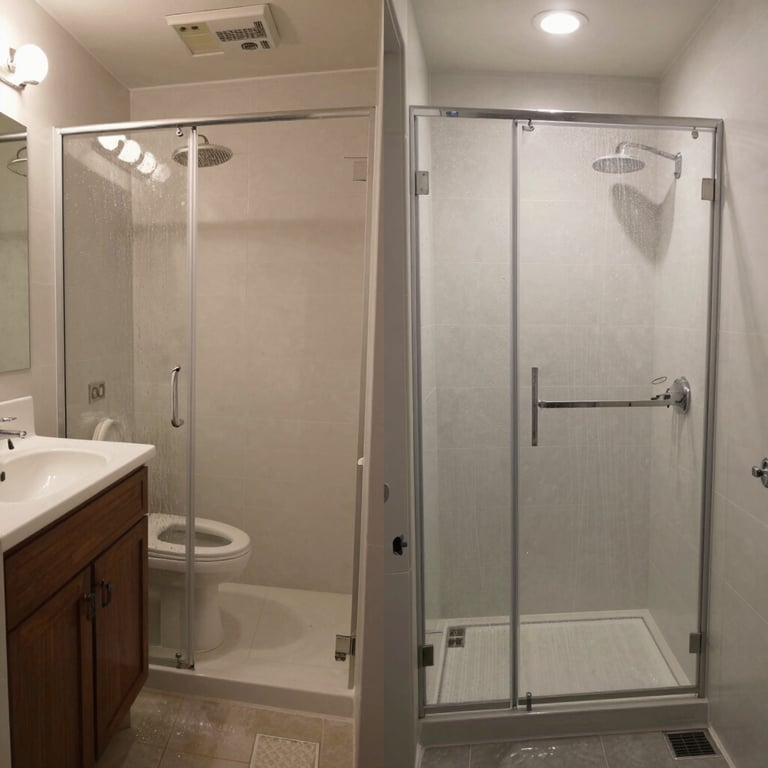A dramatic before and after split-screen photo of a cramped 1970s bathroom transformed into a spacious modern wet room in Los Angeles, California.