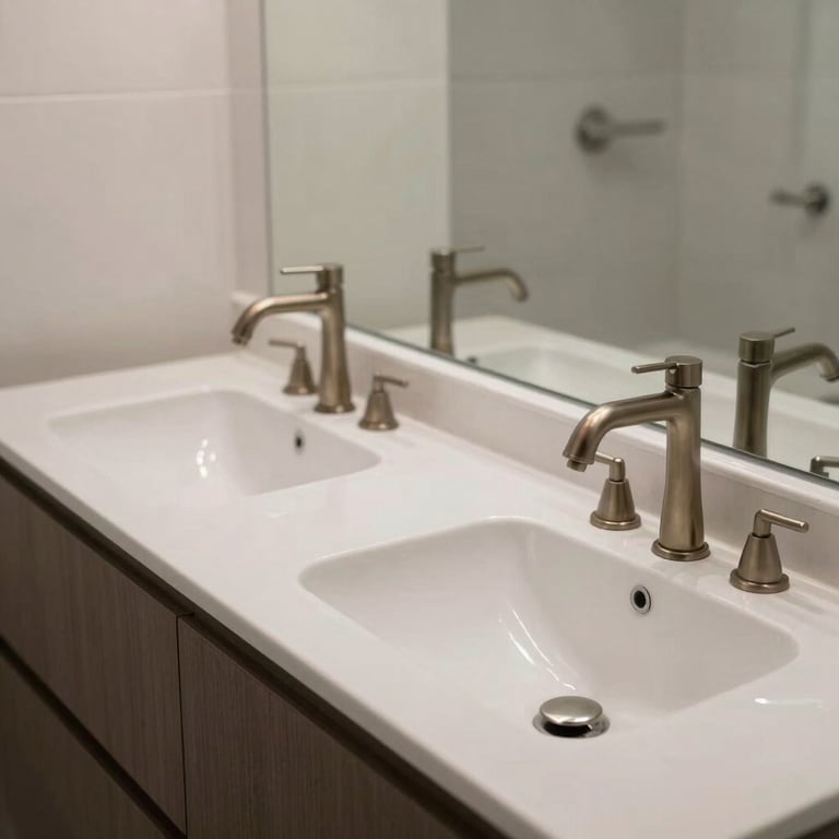 A modern vanity installation with dual sinks and industrial-style faucets in a bright, renovated Los Angeles bathroom.