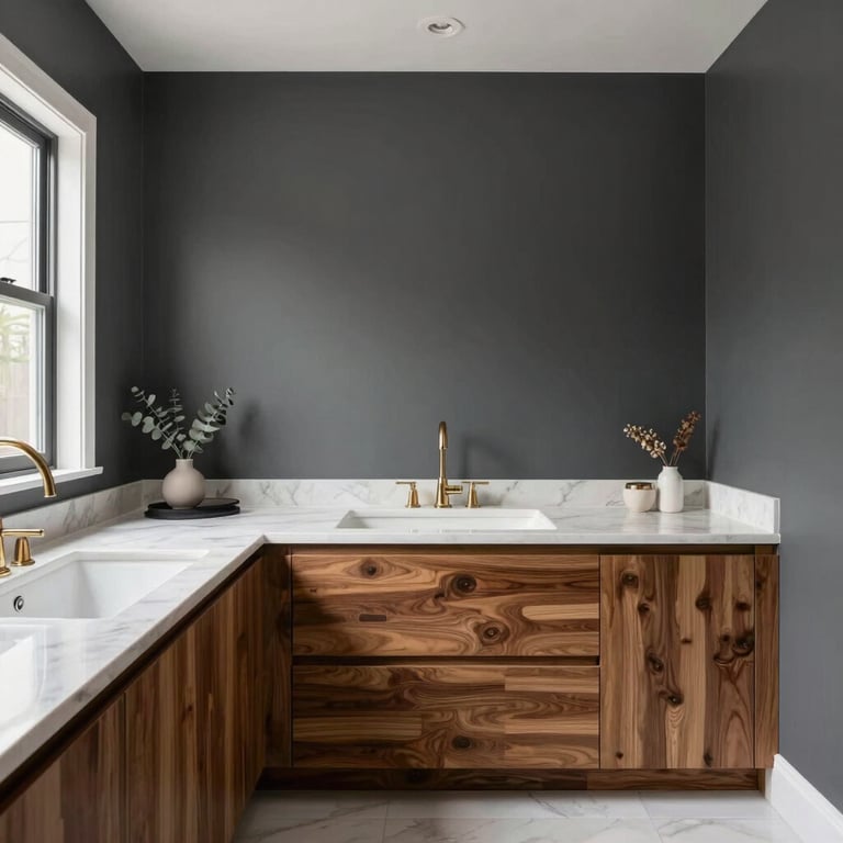 The final reveal of a luxury master bath renovation featuring high-contrast dark gray walls and warm wood accents in a US home.