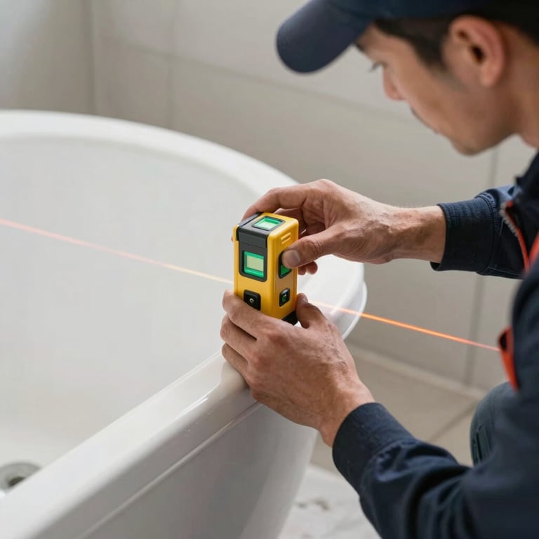 A professional contractor using a laser level to align a new bathtub installation, focused on precision and craftsmanship.