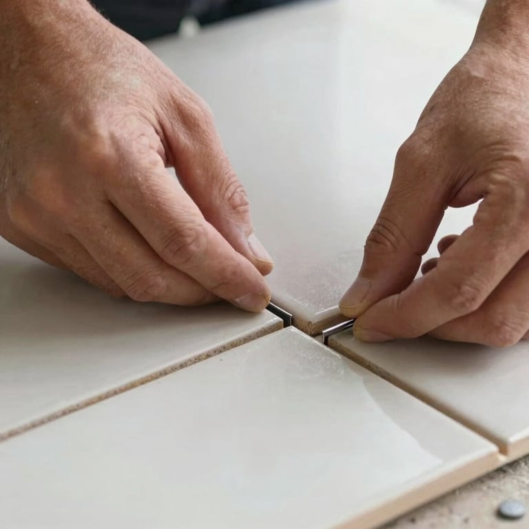 Macro close-up of a tiler's hands meticulously aligning a large format ceramic tile with perfect joints, bright natural daylight, technical precision.