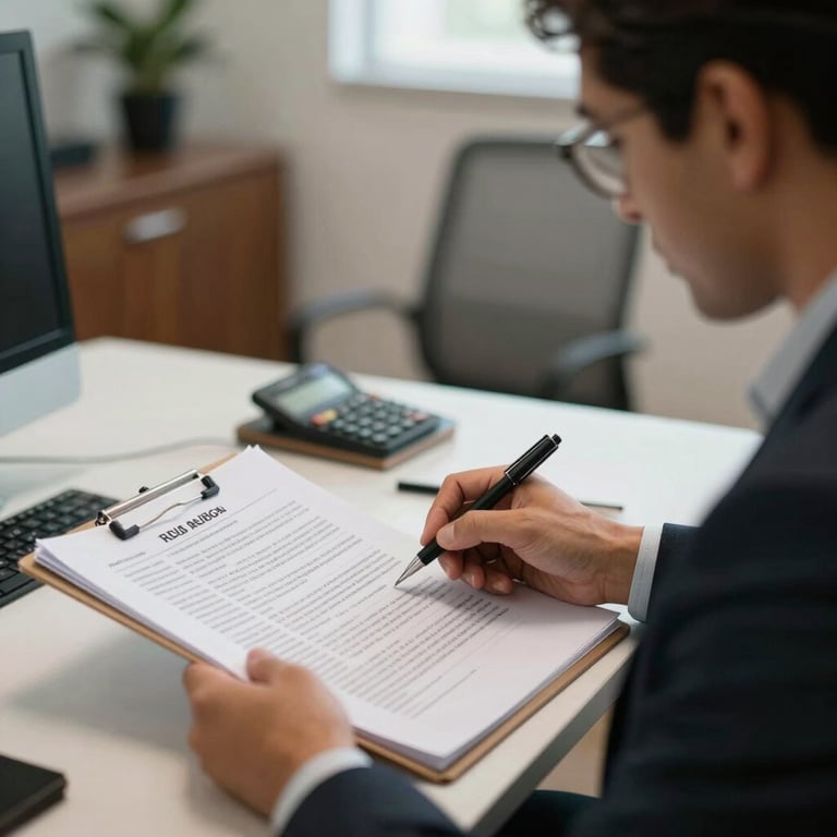 A focused professional in a South American / Brazilian office analyzing a medical chart with a legal brief nearby.